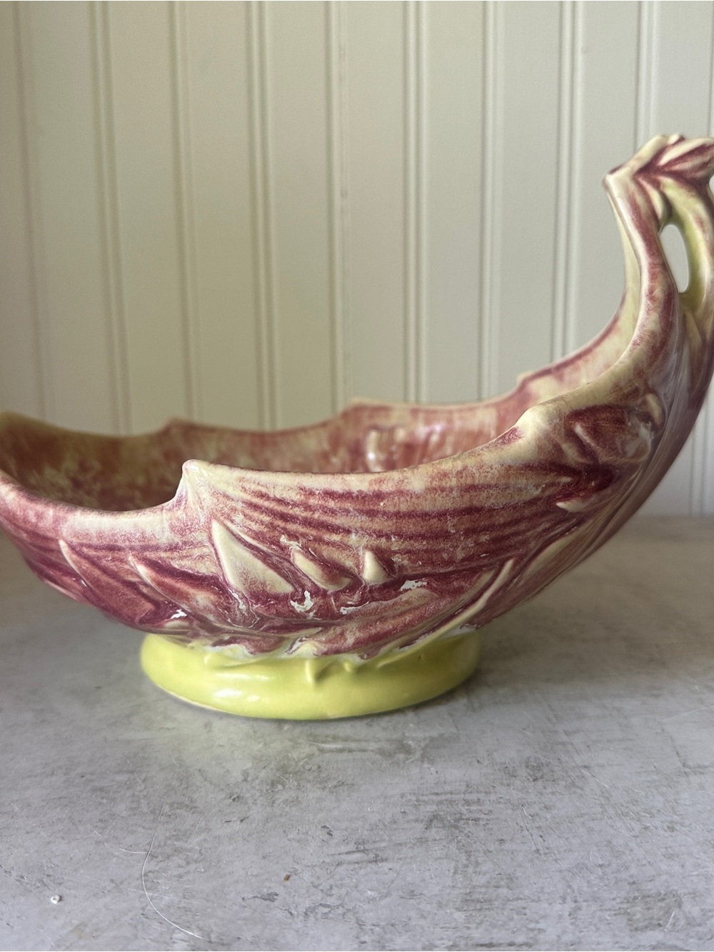 Vintage McCoy Pottery Leaf Shaped Centerpiece Planter Bowl Red Green 10" EUC